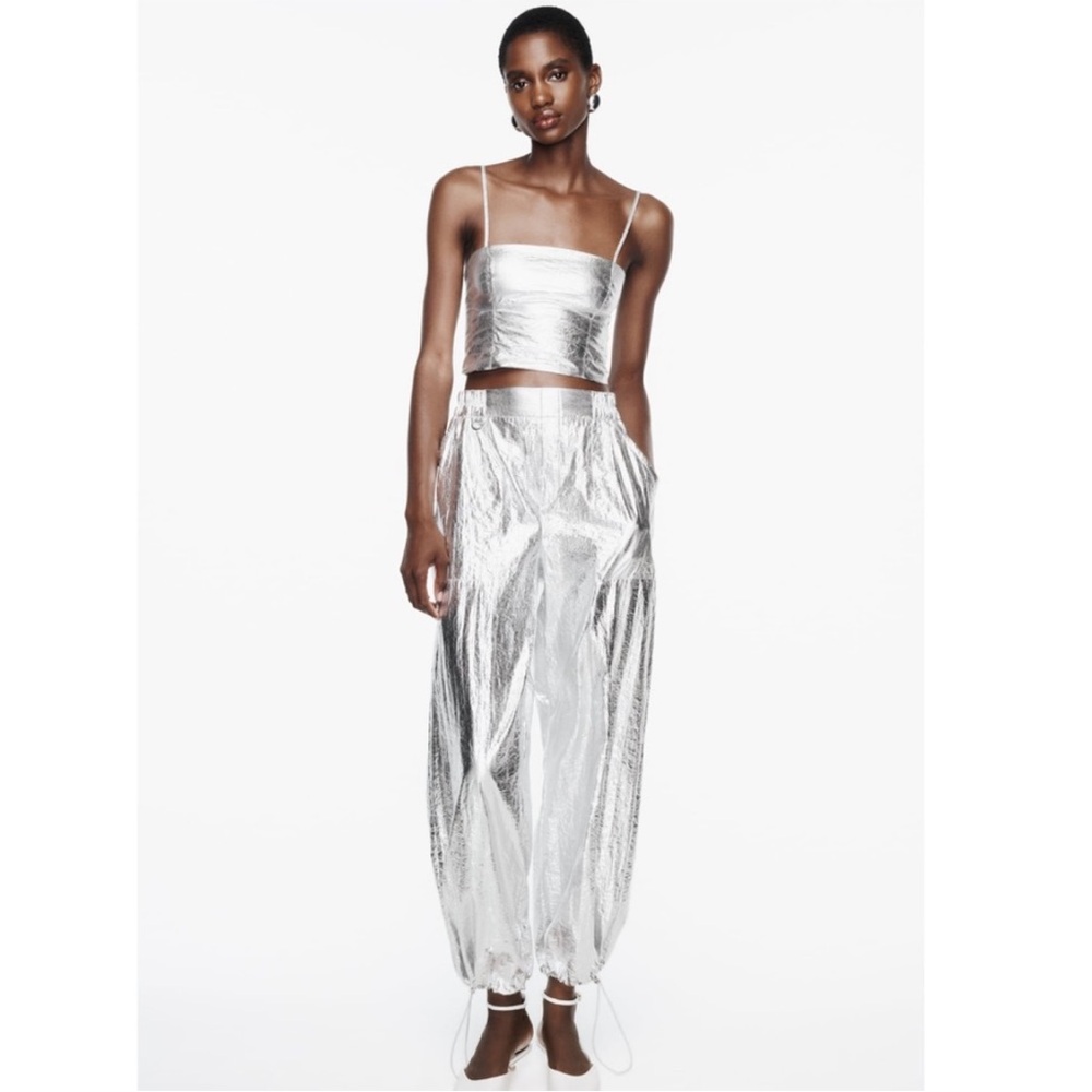 Zara NWT Metallic Silver Parachute Mid-High Rise Pant & Top Set Sz M